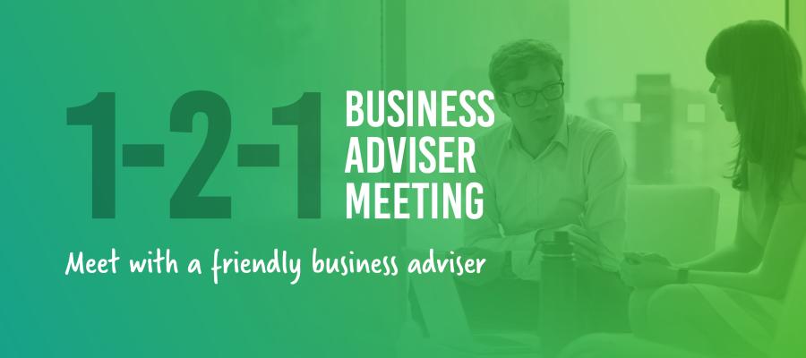 Two people having a conversation with the text 'Business adviser meeting'