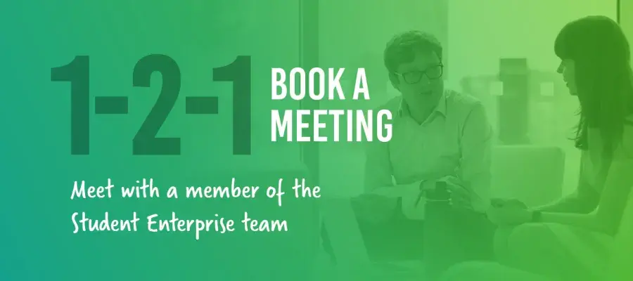 Two people talking with the text "1-2-1 book a meeting" 