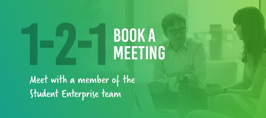 Two people talking with the text "1-2-1 book a meeting" 