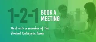 Two people talking with the text "1-2-1 book a meeting" 