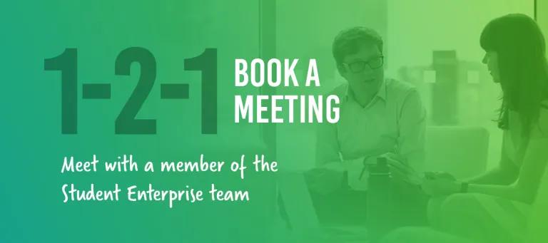Two people talking with the text "1-2-1 book a meeting" 