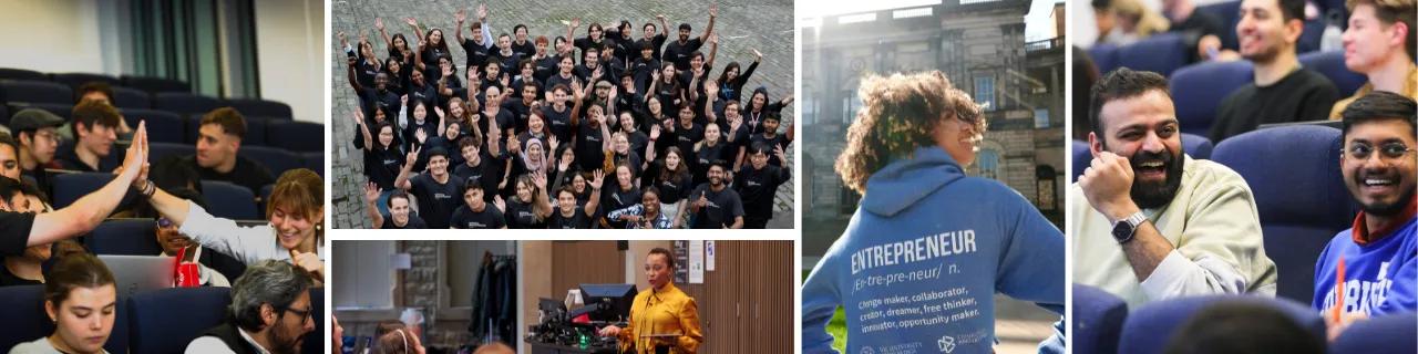 Collage of photos showing students high-fiving, waving, pitching and laughing.