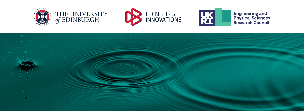 Image shows The University of Edinburgh logo next to the logo of Edinburgh Innovations and UKRI with a green image of a water droplet 